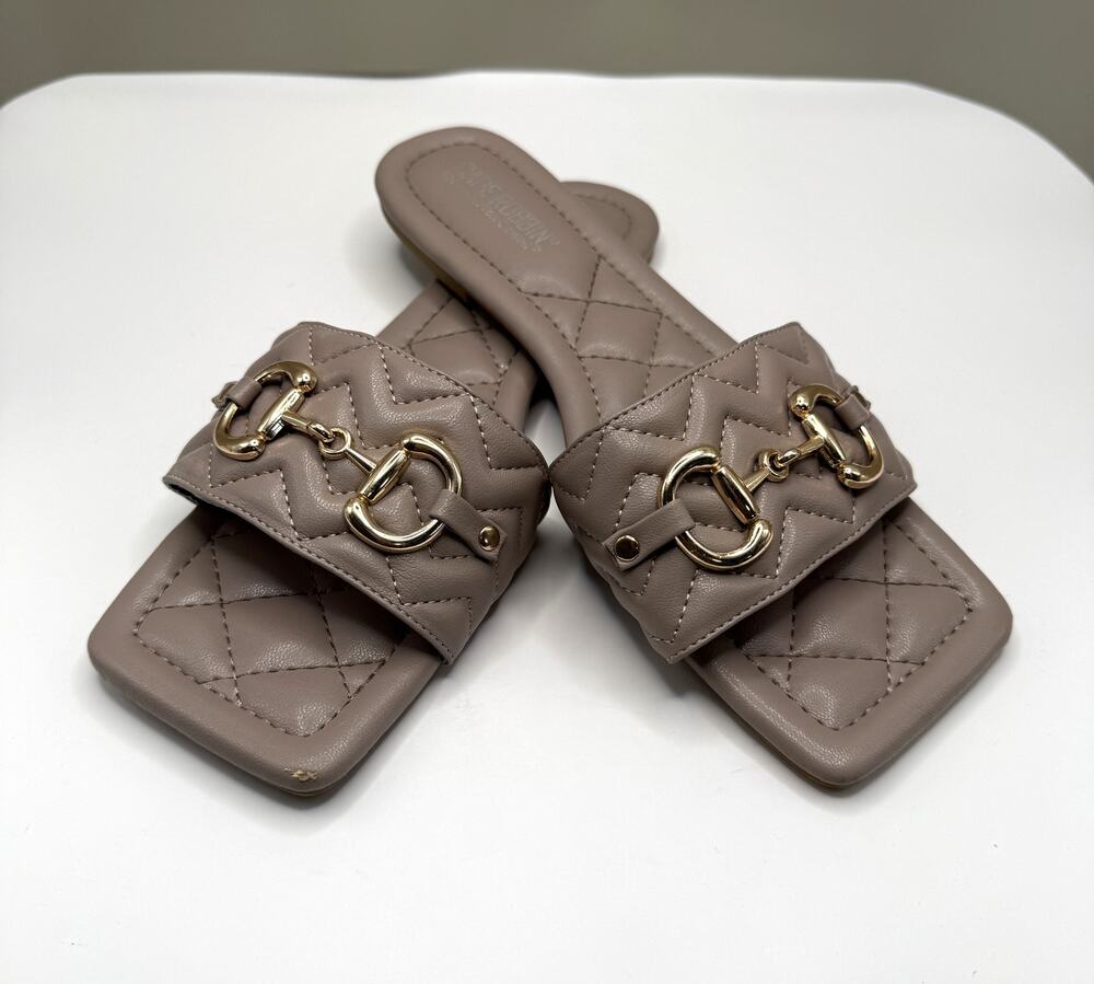 Cape Robbin taupe quilted flat slide sandals Sz 10 golden horsebit hardware